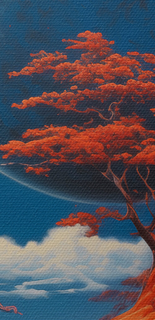 House on a hill with orange trees and a large moon