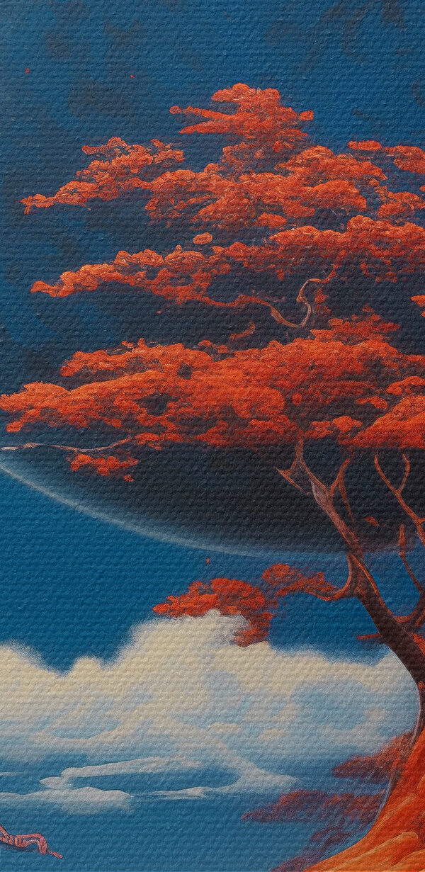 House on a hill with orange trees and a large moon