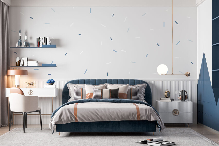 Fondo blanco con motas azules y blancas