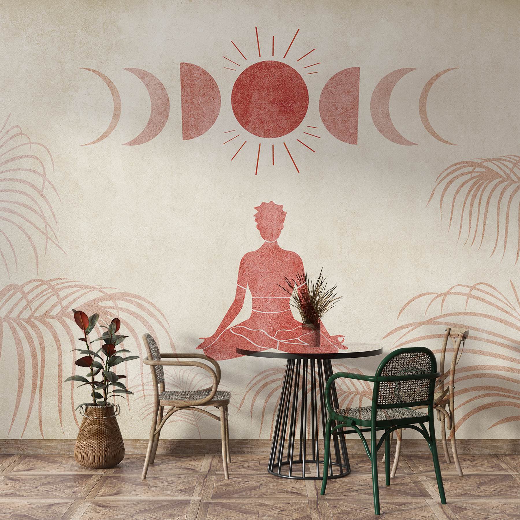 Person sitting in a lotus position with a sun and palm trees
