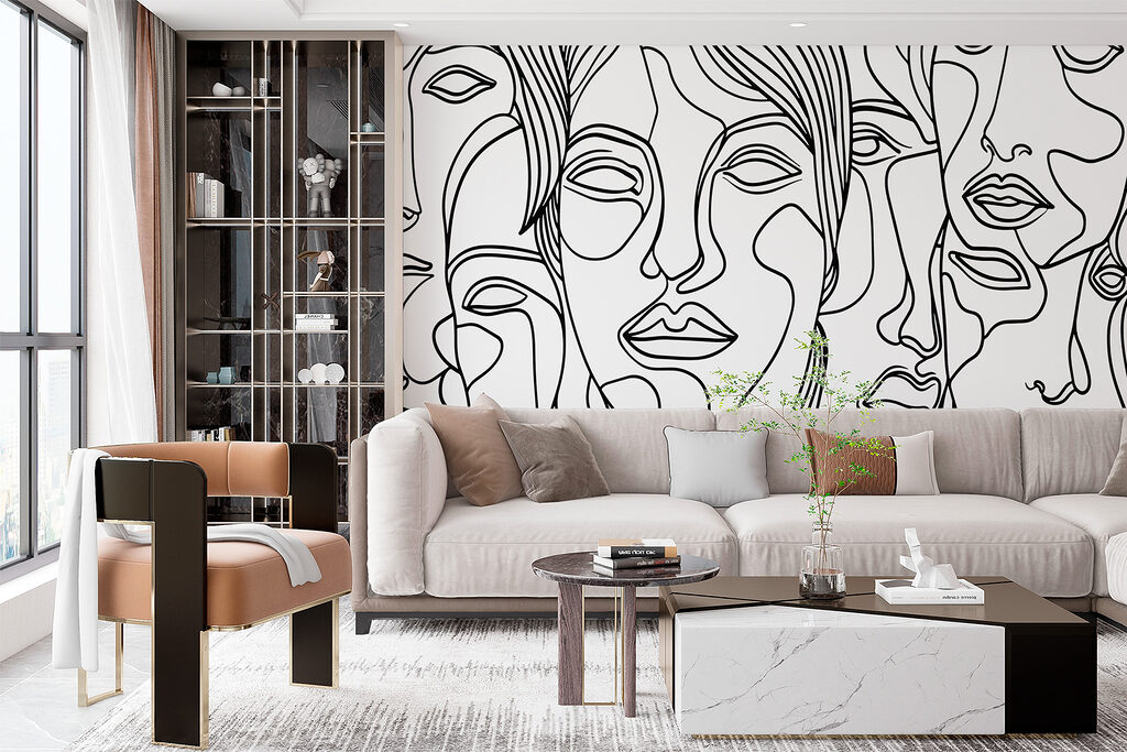 Black and white drawing of faces