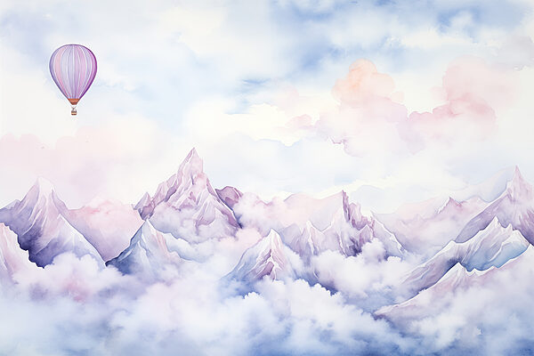 Pintura de una cadena montañosa con un globo en el cielo Pintura de una cadena montañosa con un globo en el cielo