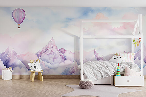 Pintura de una cadena montañosa con un globo en el cielo Pintura de una cadena montañosa con un globo en el cielo