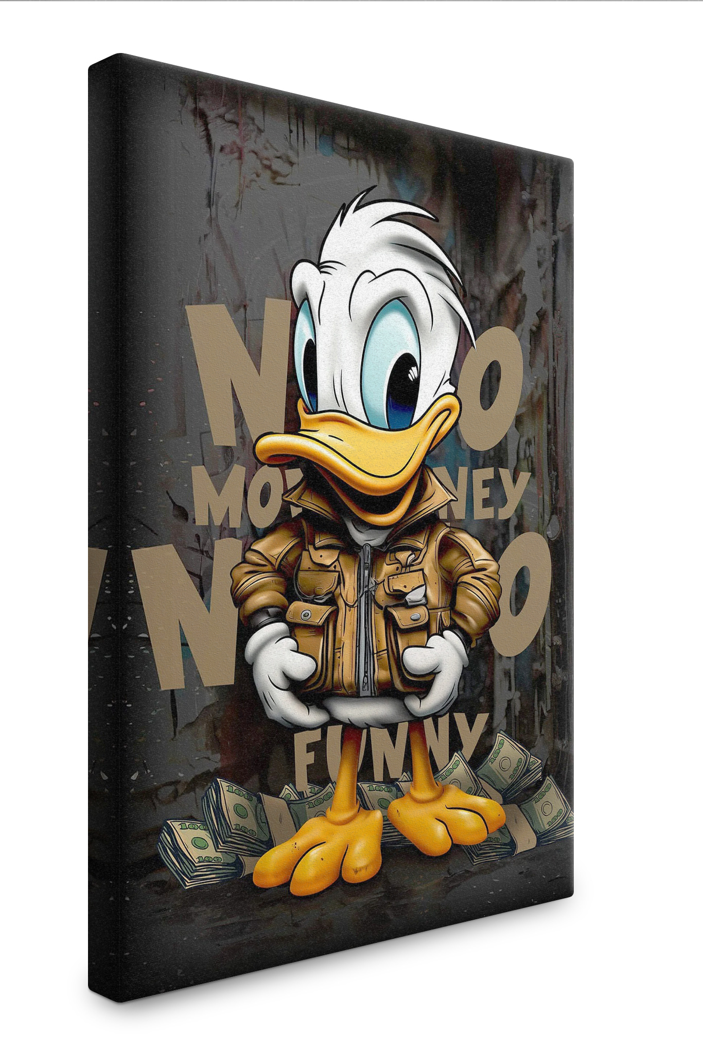 Cartoon duck wearing a jacket and holding a bunch of money