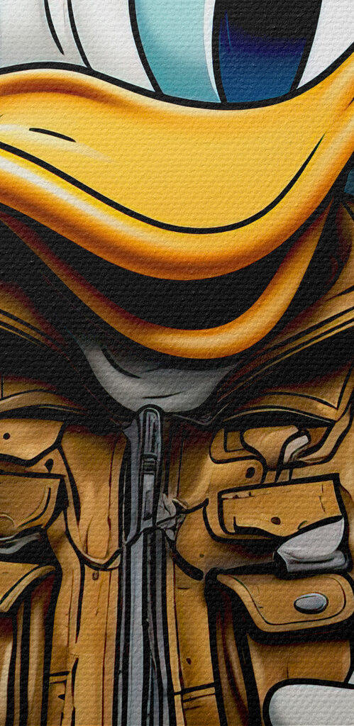 Cartoon duck wearing a jacket and holding a bunch of money