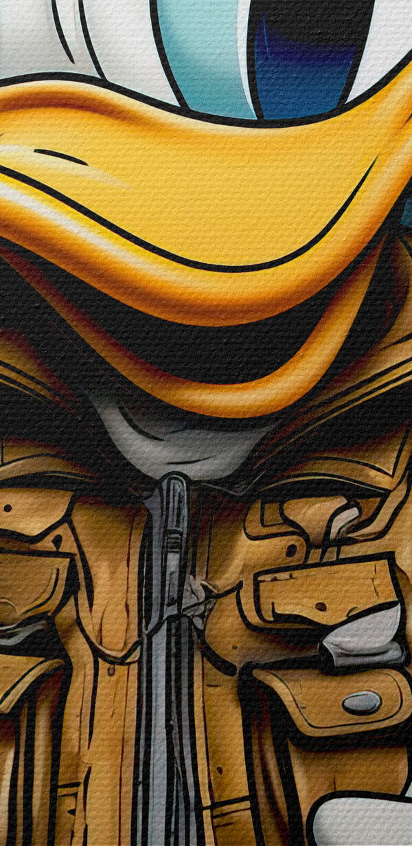 Cartoon duck wearing a jacket and holding a bunch of money