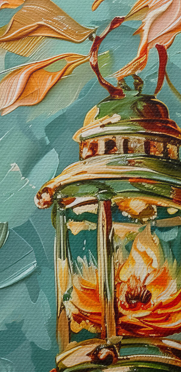 Oil painting of a lantern on a tree Oil painting of a lantern on a tree