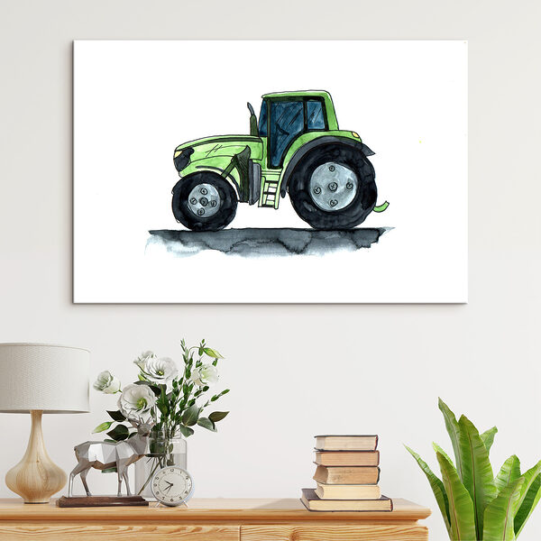 Green tractor with large wheels