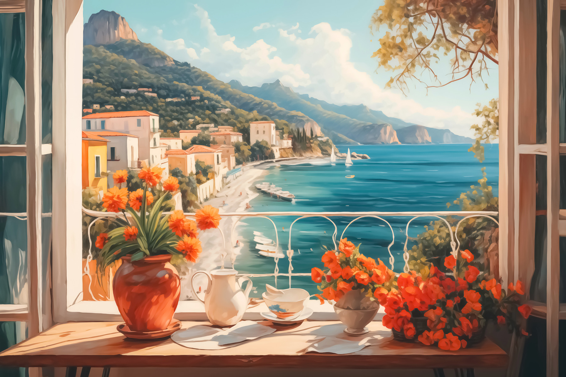 Painting of a beach with a view of a town and mountains