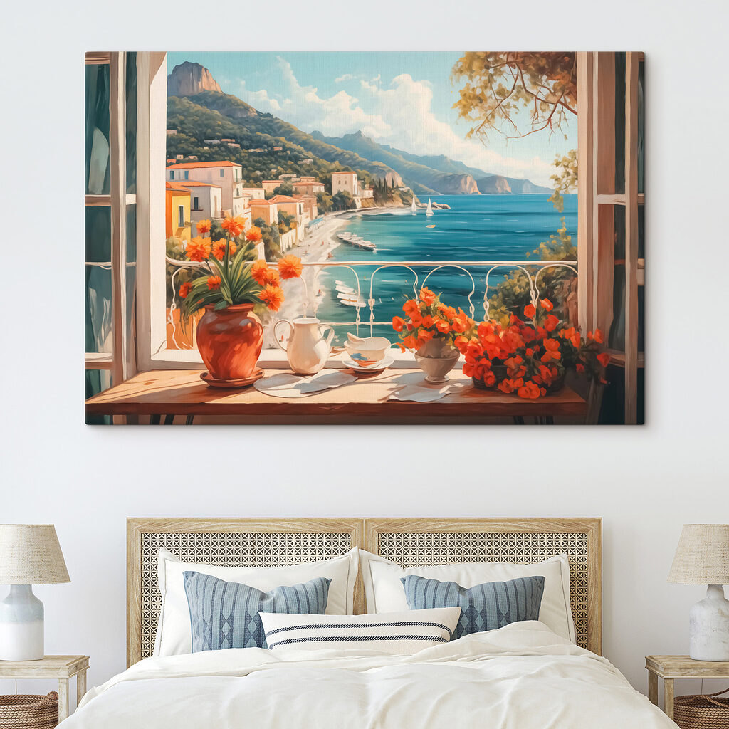 Painting of a beach with a view of a town and mountains