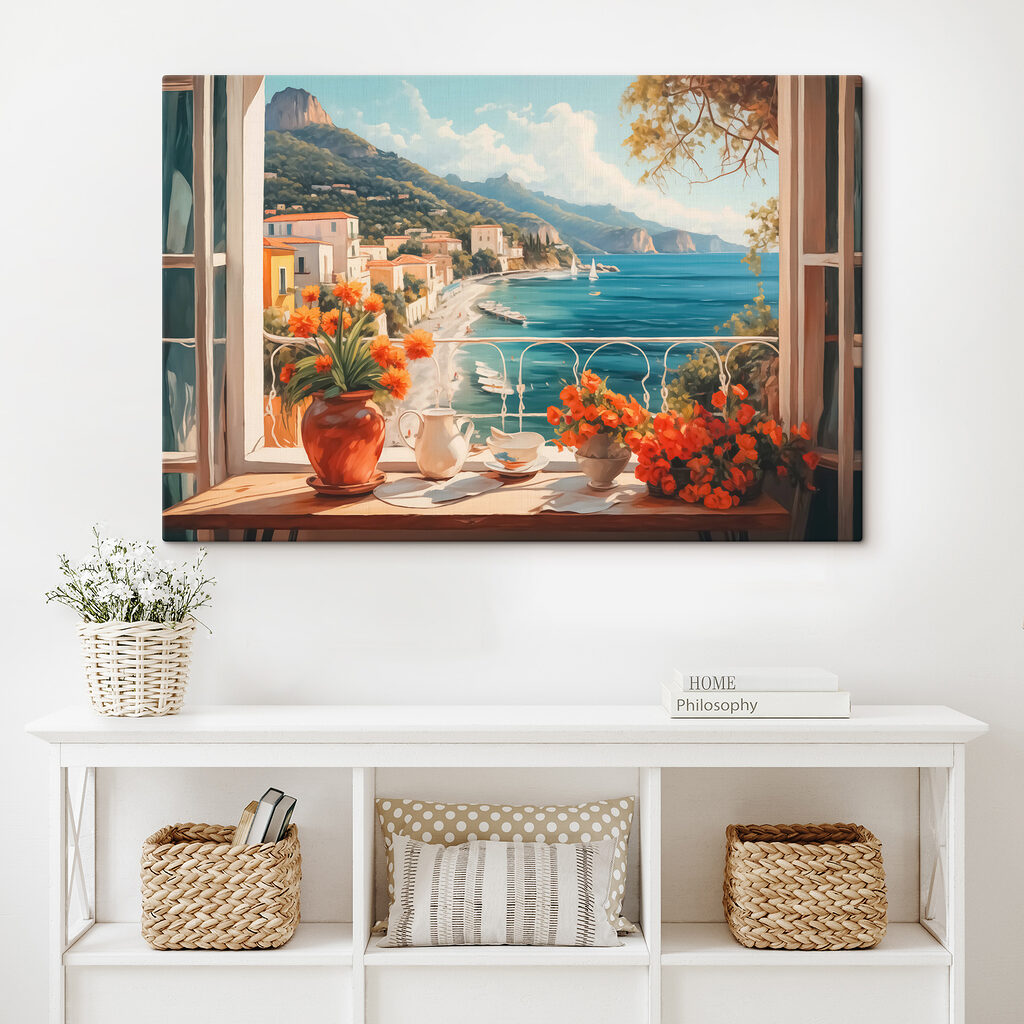 Painting of a beach with a view of a town and mountains