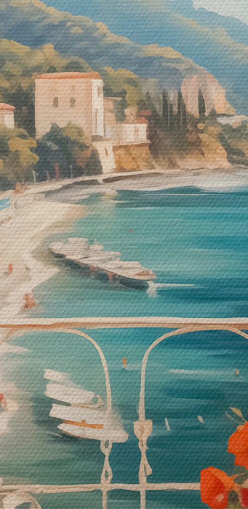 Painting of a beach with a view of a town and mountains