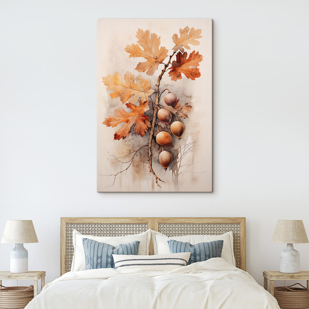 Acorns and leaves on a branch with a white background Acorns and leaves on a branch with a white background