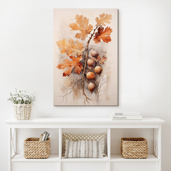 Acorns and leaves on a branch with a white background Acorns and leaves on a branch with a white background
