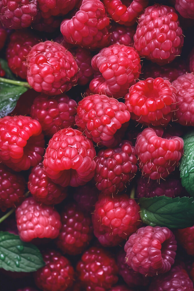 Pile of raspberries with leaves Pile of raspberries with leaves