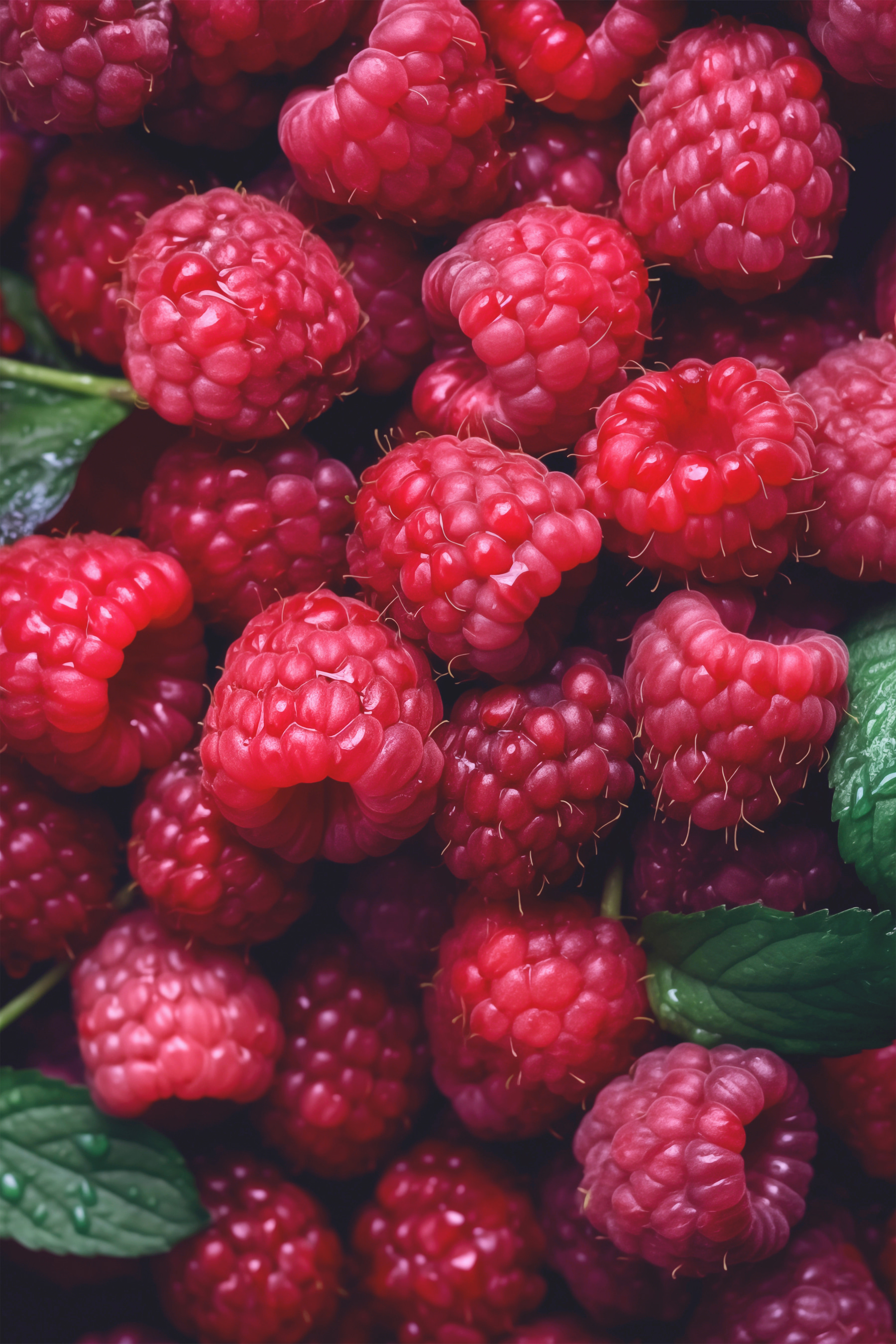 Pile of raspberries with leaves Pile of raspberries with leaves