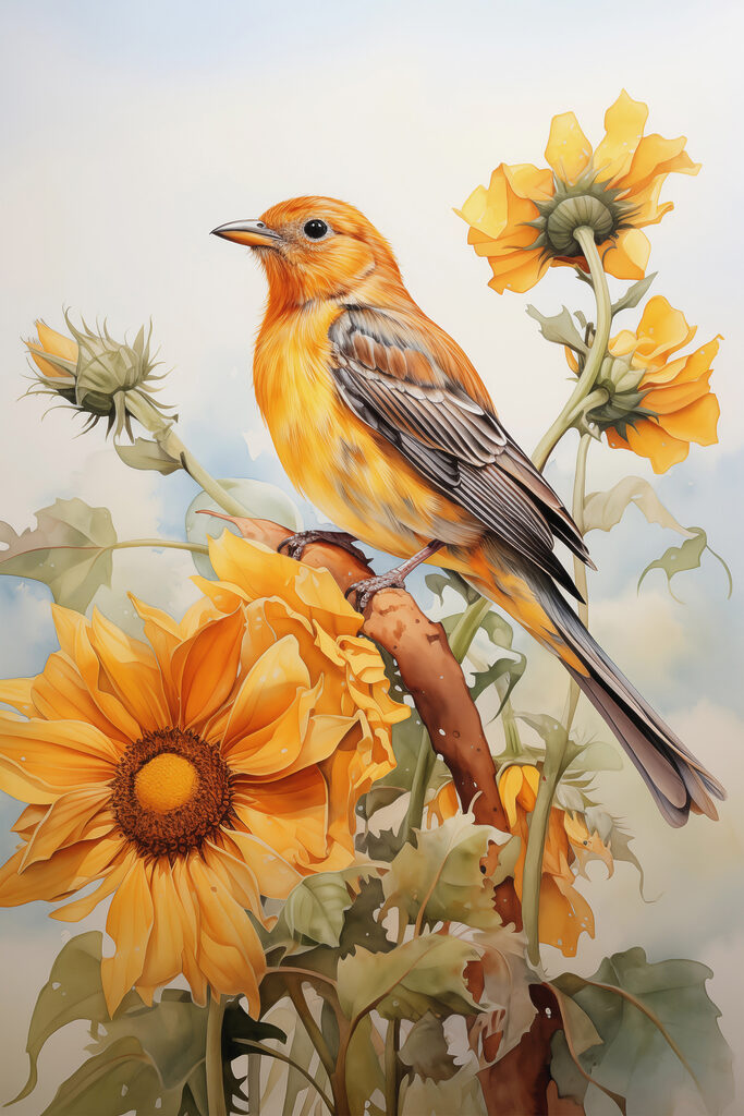 Bird on a branch with flowers Bird on a branch with flowers