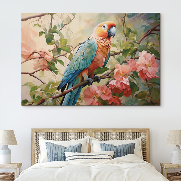 Cuadros Pájaro de colores posado en una rama con flores (SKU: s41018) Cuadros Cuadros Pájaro de colores posado en una rama con flores (SKU: s41018)