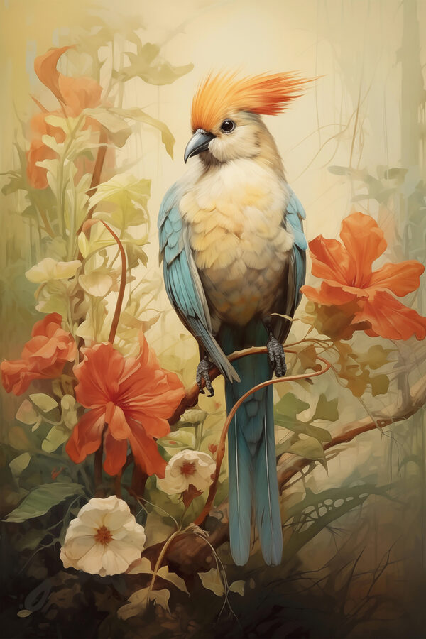 Bird sitting on a branch with flowers Bird sitting on a branch with flowers