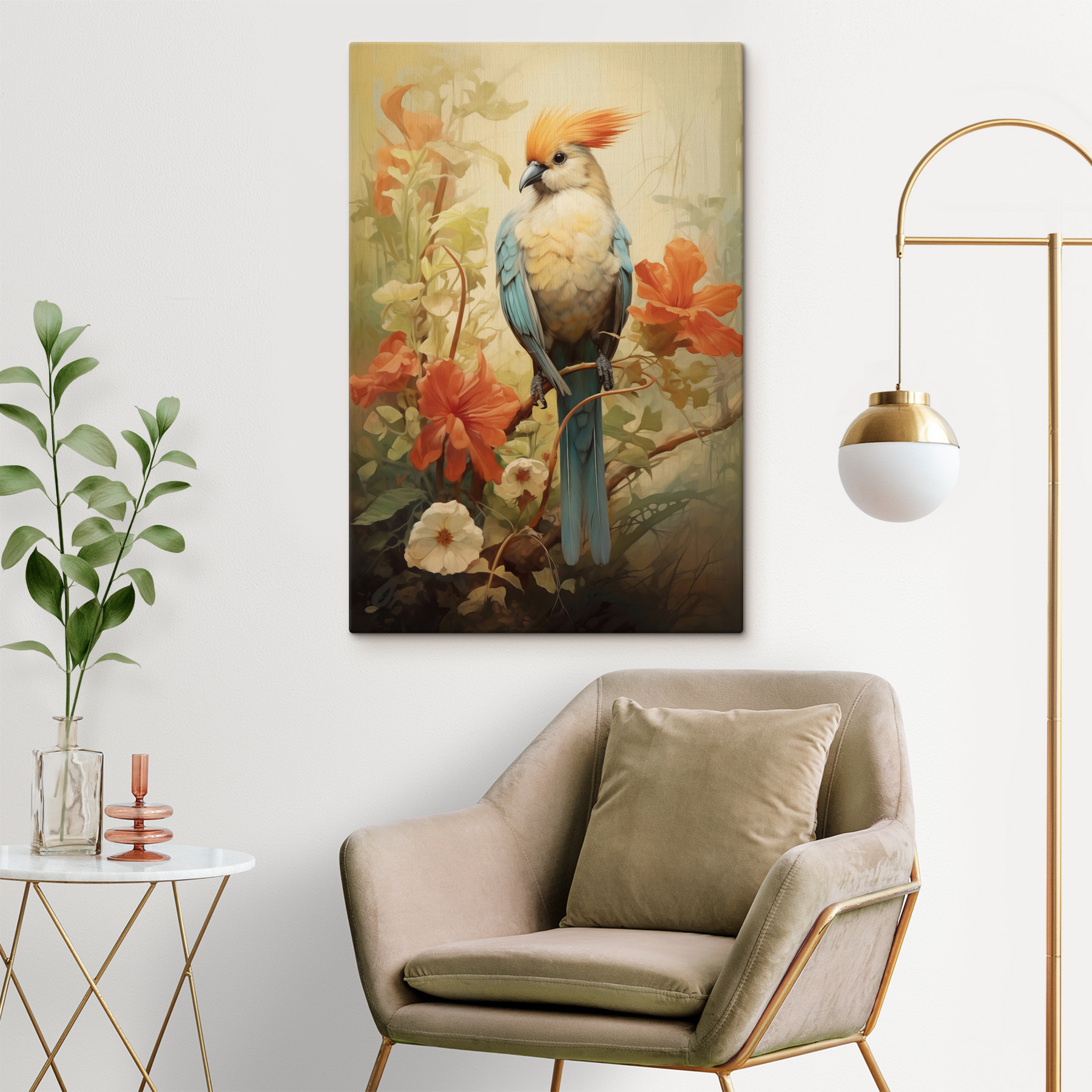 Bird sitting on a branch with flowers Bird sitting on a branch with flowers