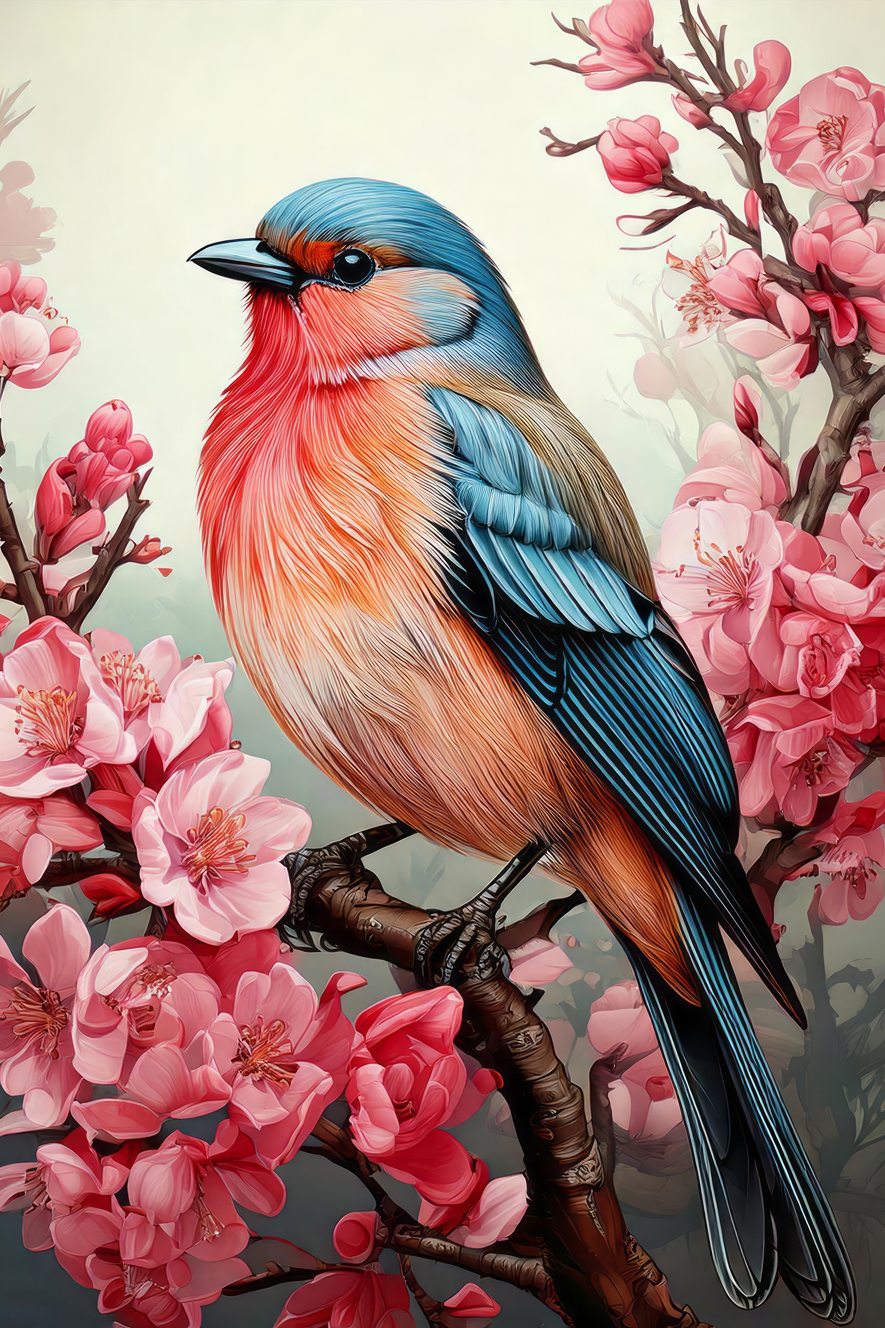 Colorful bird sitting on a branch with pink flowers
