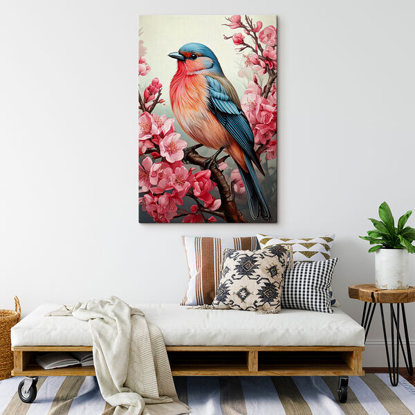 Colorful bird sitting on a branch with pink flowers