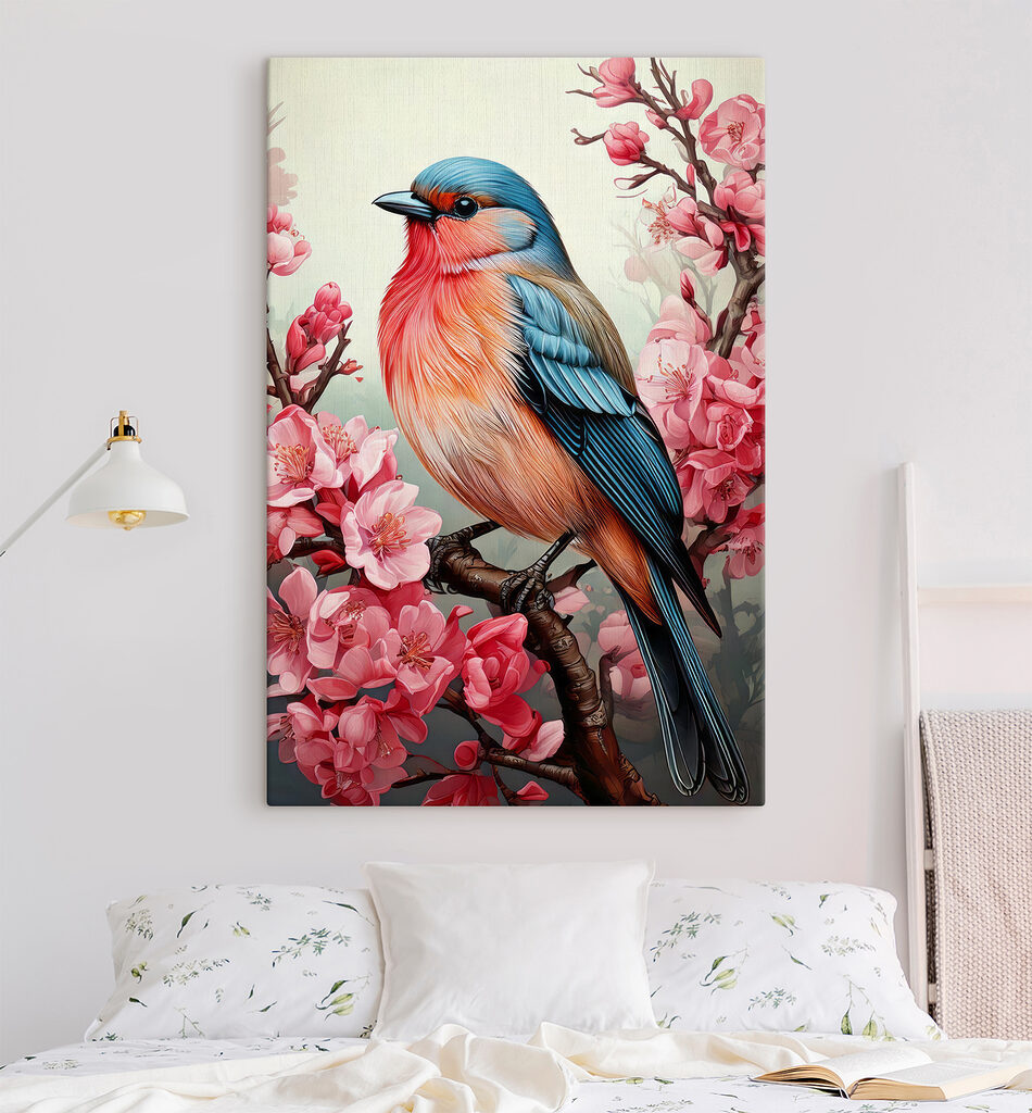 Colorful bird sitting on a branch with pink flowers