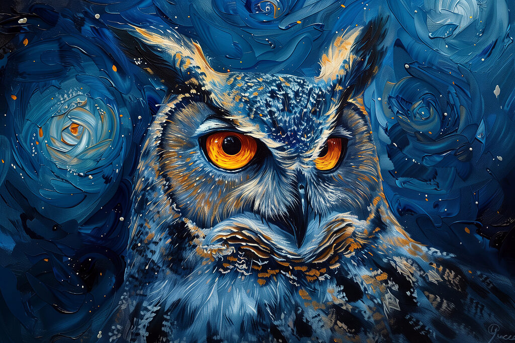 An owl with orange eyes An owl with orange eyes