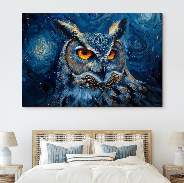 An owl with orange eyes An owl with orange eyes