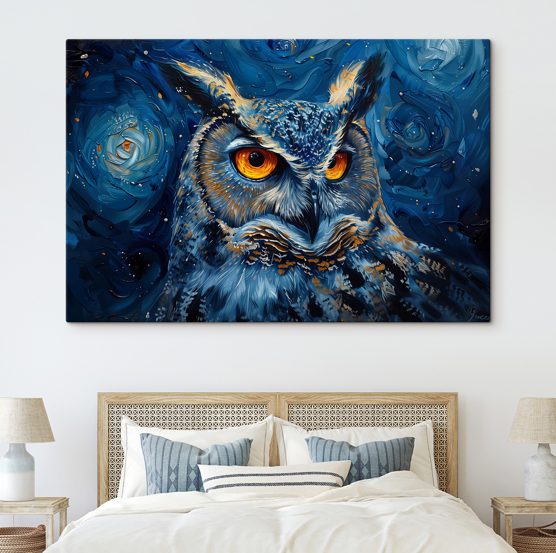 An owl with orange eyes An owl with orange eyes