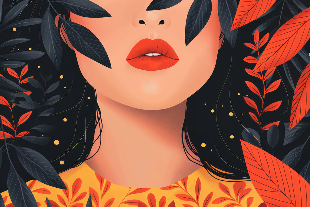 Woman with red lips and black leaves