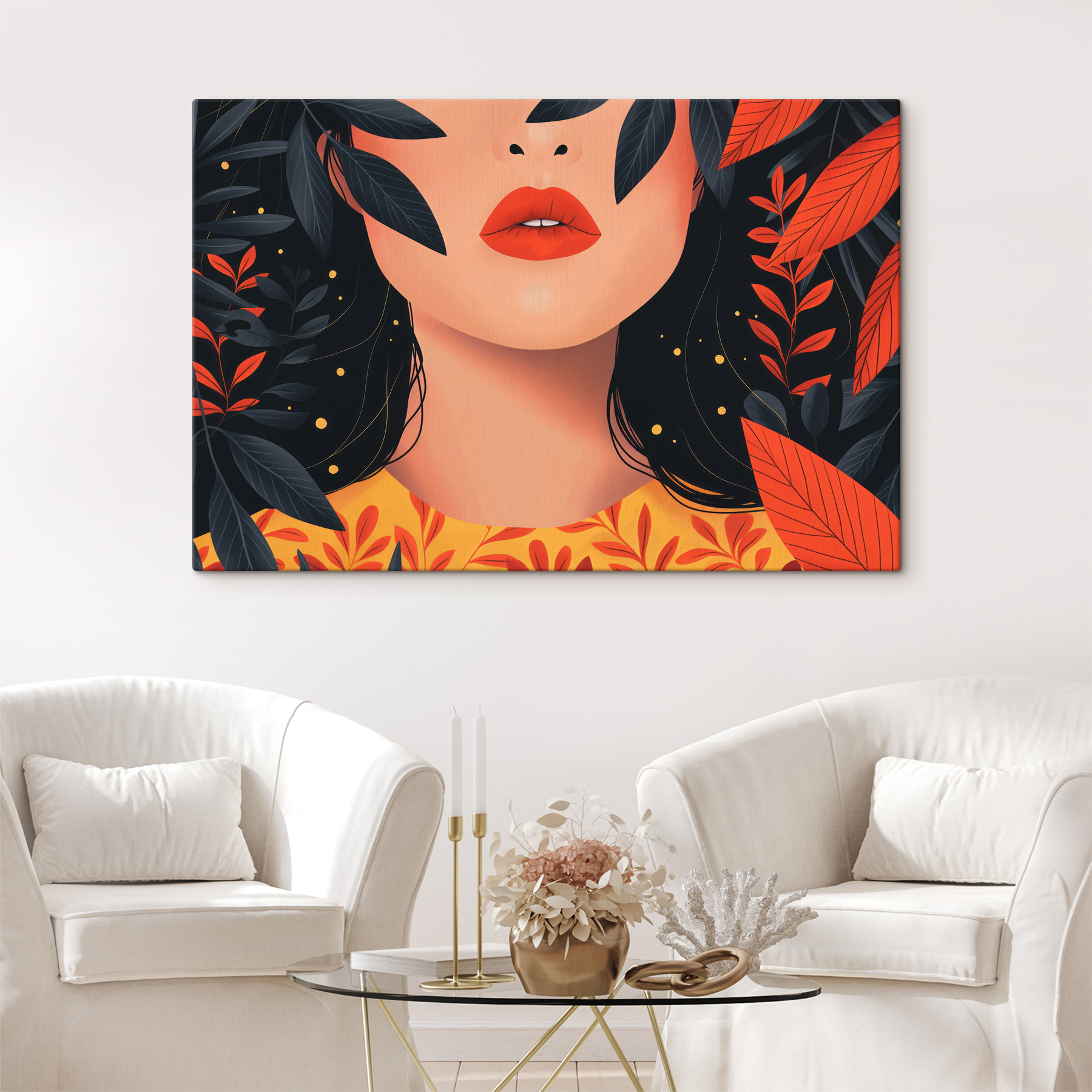 Woman with red lips and black leaves