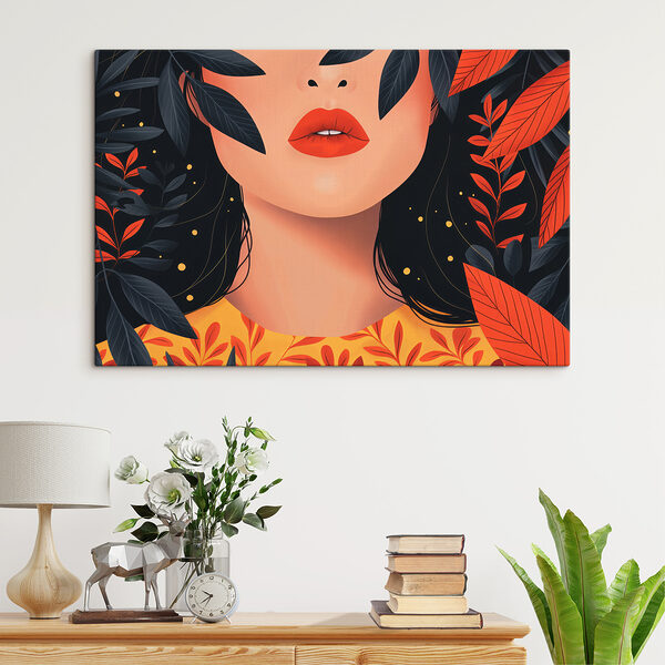 Woman with red lips and black leaves
