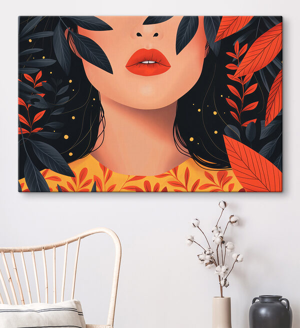 Woman with red lips and black leaves