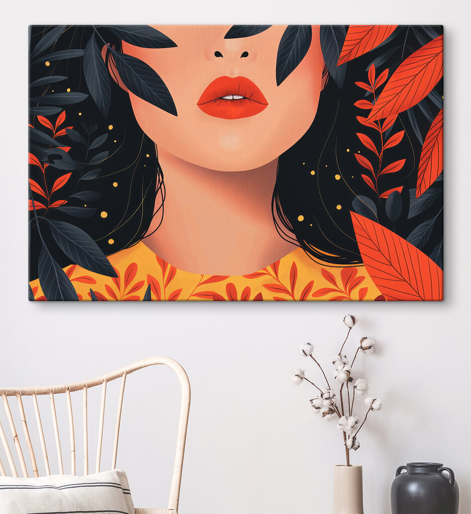 Woman with red lips and black leaves