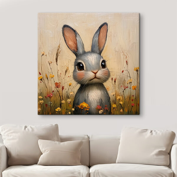 Painting of a rabbit in a field of flowers Painting of a rabbit in a field of flowers