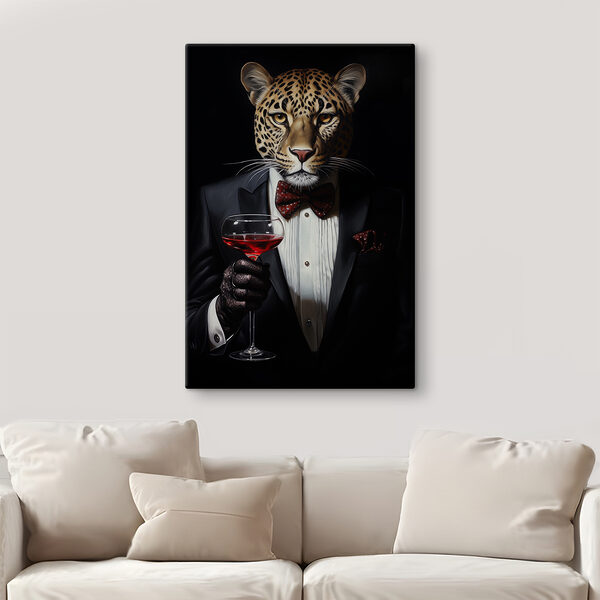Cuadros Un leopardo con traje y pajarita, sosteniendo una copa de vino (SKU: s41142) Cuadros Cuadros Un leopardo con traje y pajarita, sosteniendo una copa de vino (SKU: s41142)
