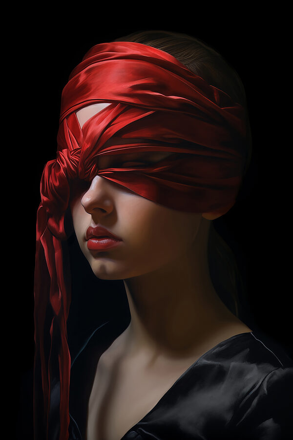 Woman with a red scarf over her eyes Woman with a red scarf over her eyes