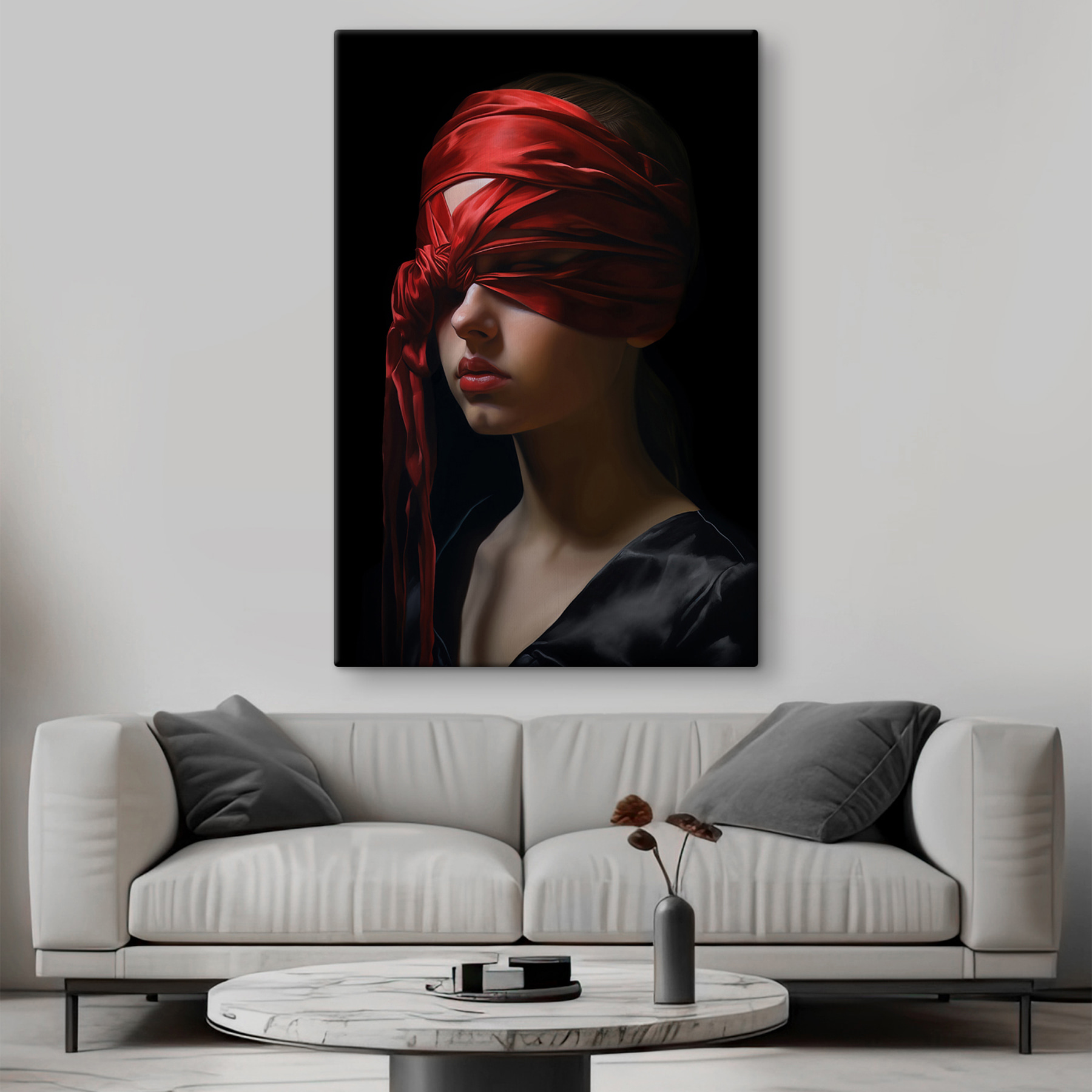 Woman with a red scarf over her eyes Woman with a red scarf over her eyes