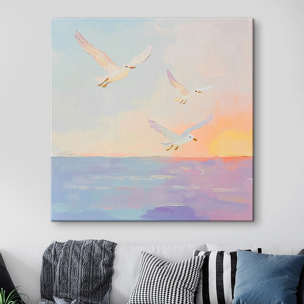 Painting of birds flying over water Painting of birds flying over water