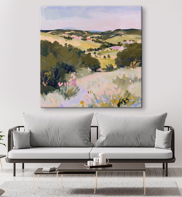 Painting of a landscape with trees and hills Painting of a landscape with trees and hills