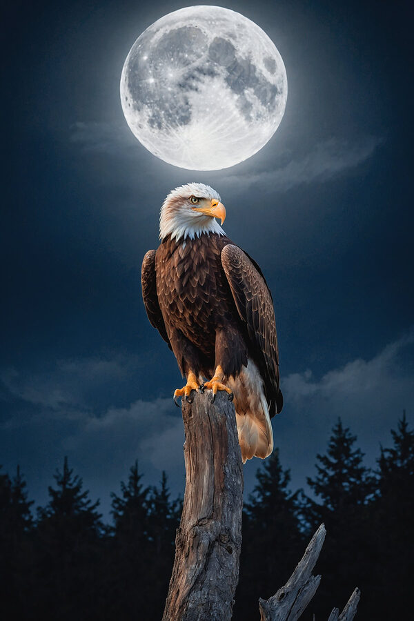 Bald eagle on a post with a full moon in the background Bald eagle on a post with a full moon in the background
