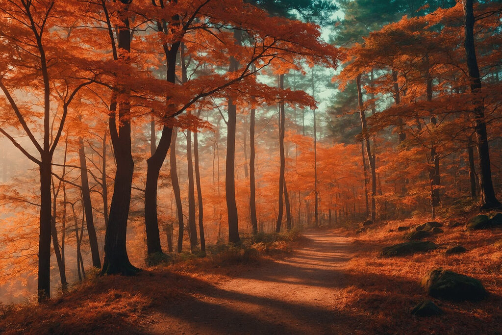 Path through a forest with orange leaves