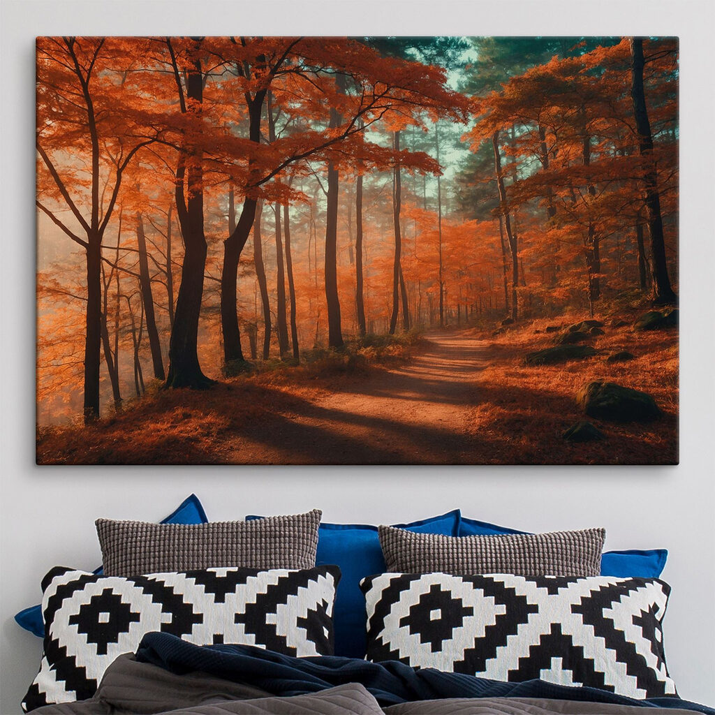 Path through a forest with orange leaves
