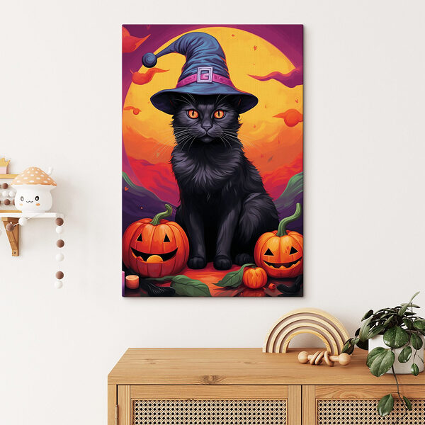 Cuadros Gato negro con un sombrero de persona y calabazas