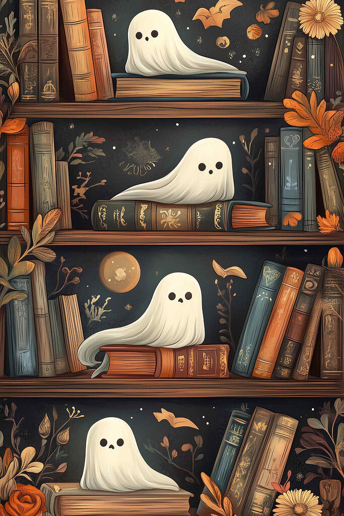 Bookcase full of books with ghosts Bookcase full of books with ghosts