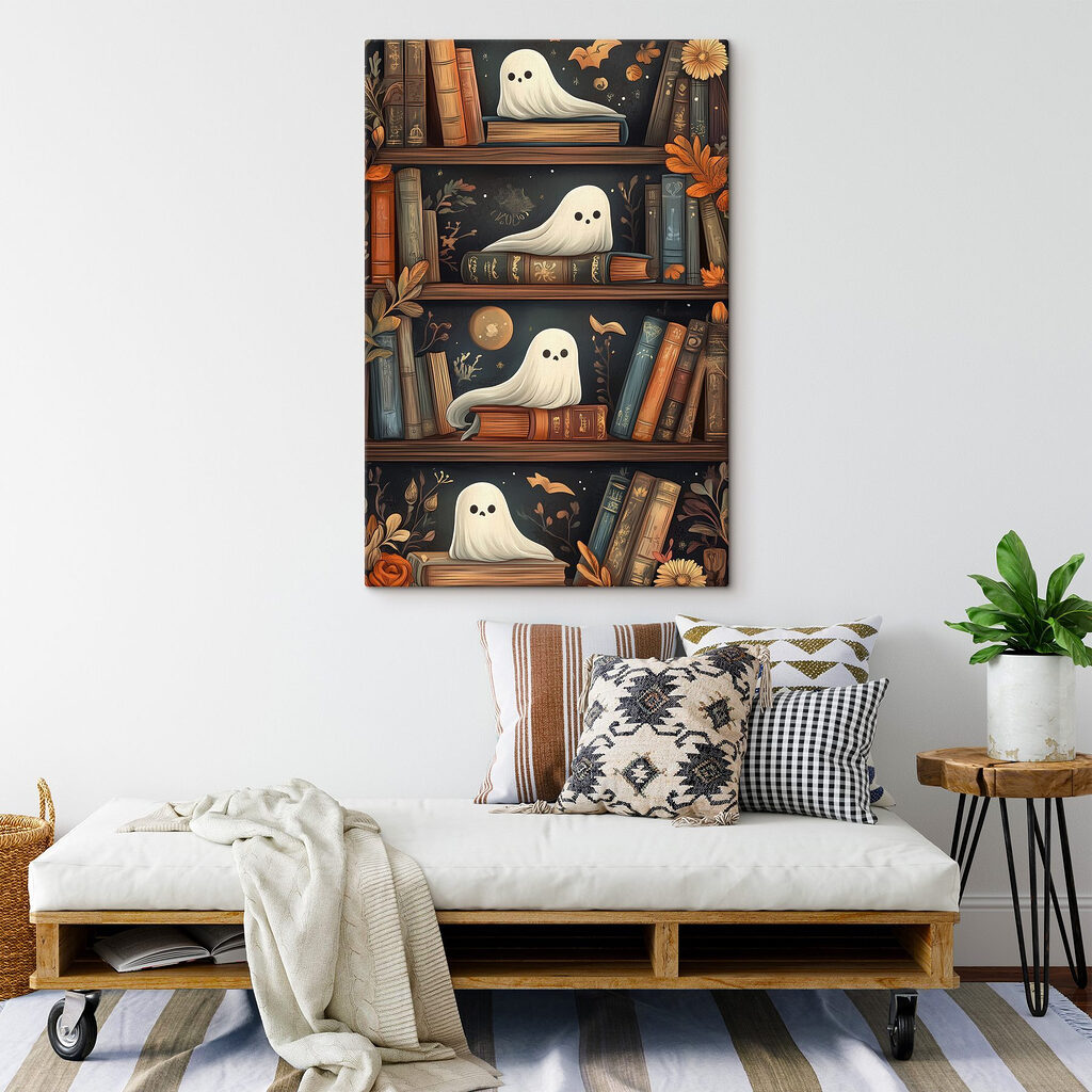 Bookcase full of books with ghosts Bookcase full of books with ghosts