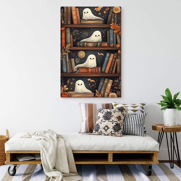 Bookcase full of books with ghosts Bookcase full of books with ghosts