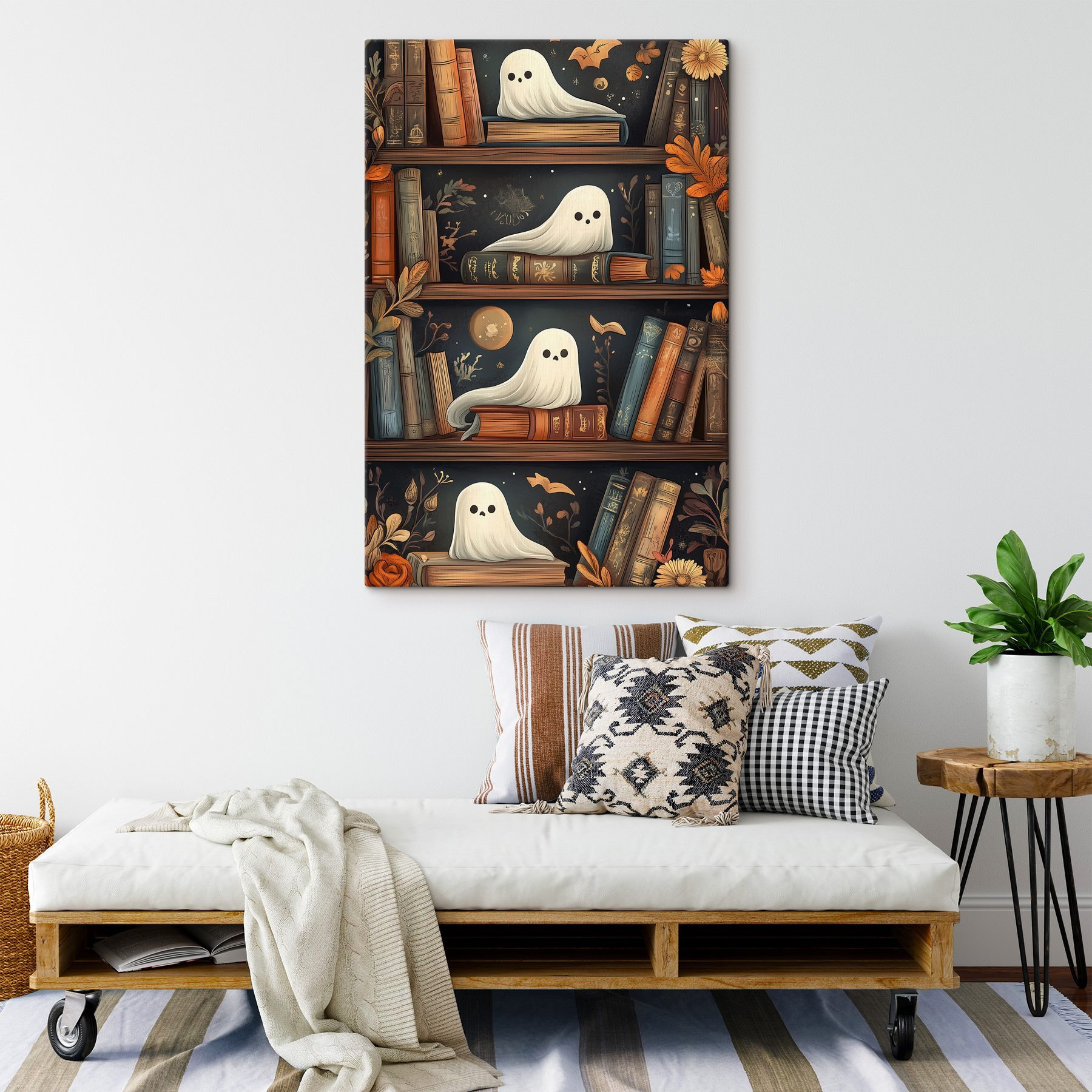 Bookcase full of books with ghosts Bookcase full of books with ghosts