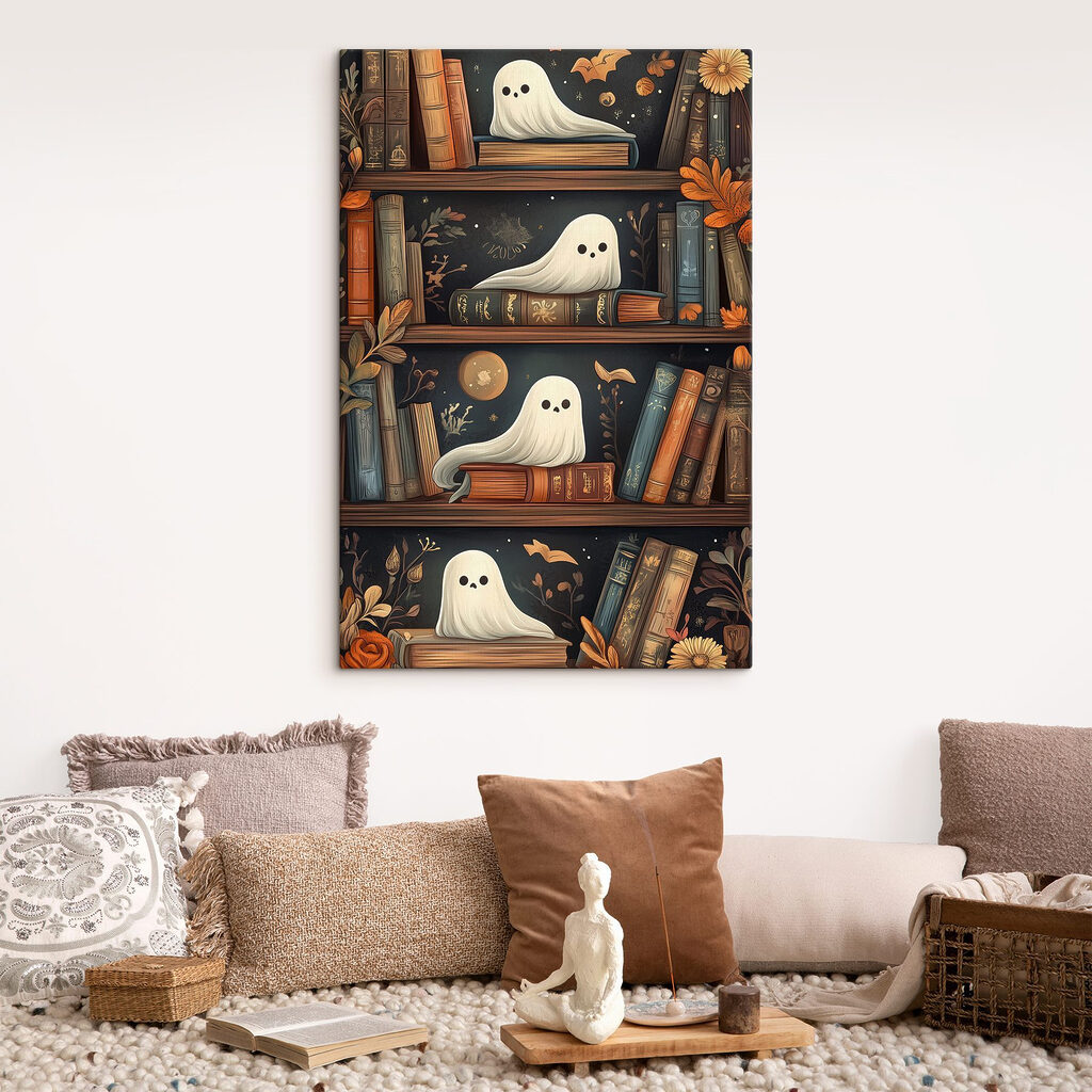 Bookcase full of books with ghosts Bookcase full of books with ghosts